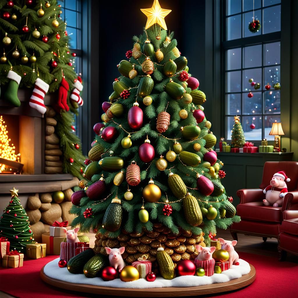 Festive Pickle Christmas Tree with Piglets in 3D