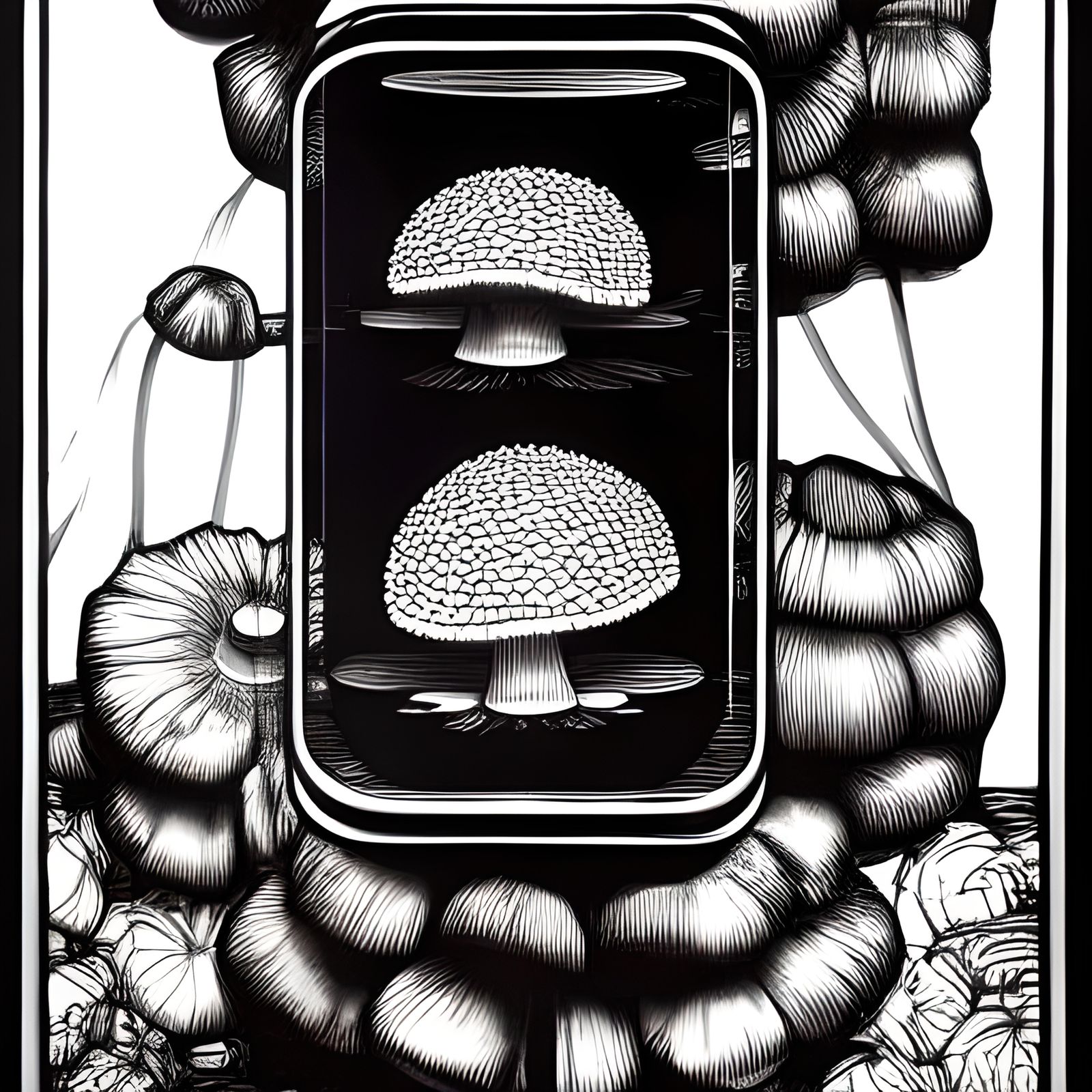 Fly Agaric Mushrooms in Glass Case, Linocut Style