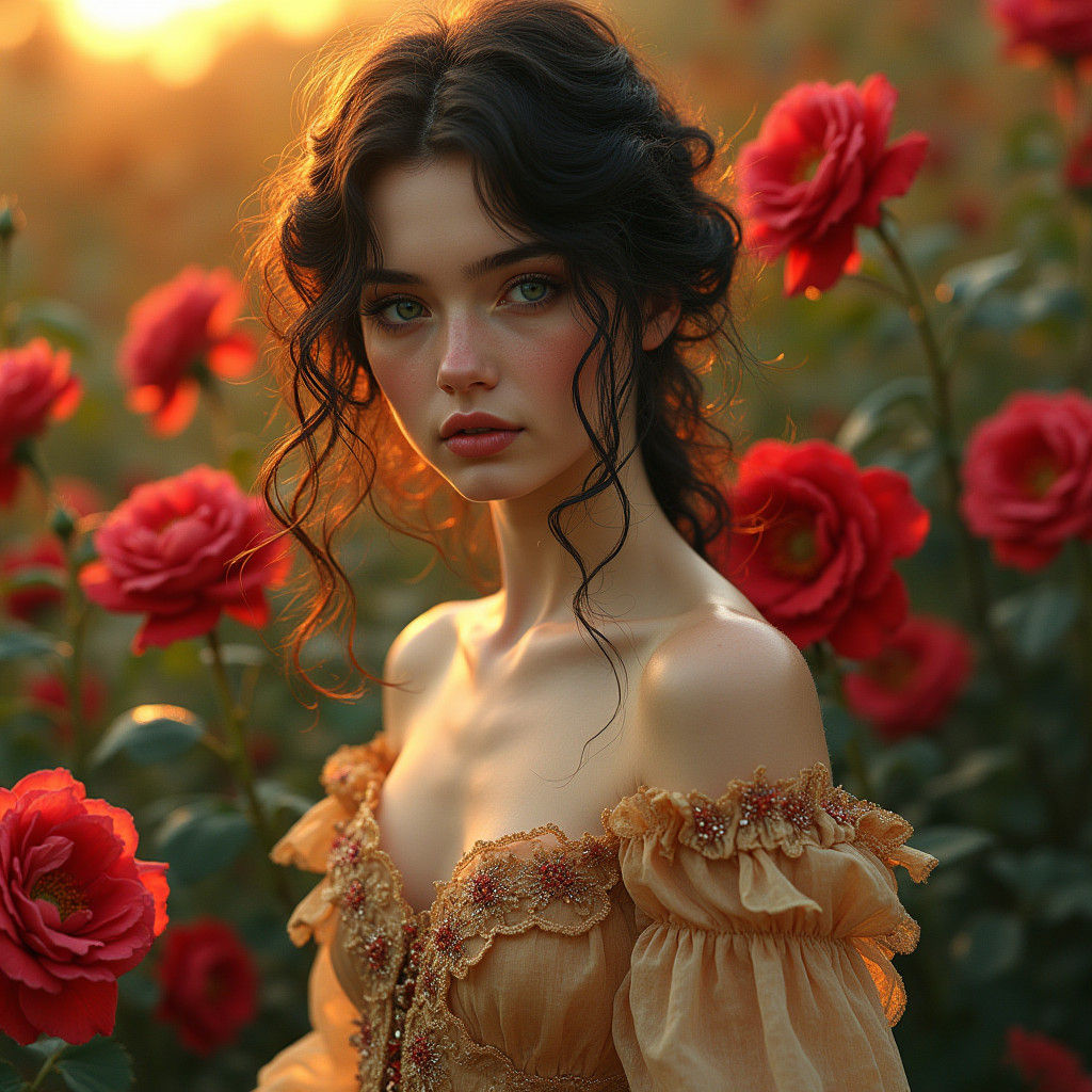 Ethereal Woman in Pre-Raphaelite Style with Roses