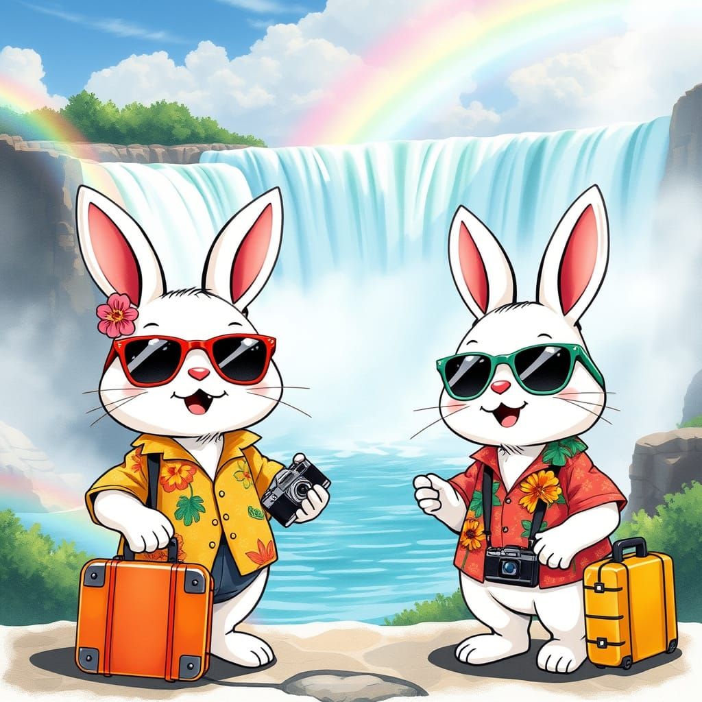 Chibi Bunnies Marvel at Niagara Falls in Vibrant Anime Style