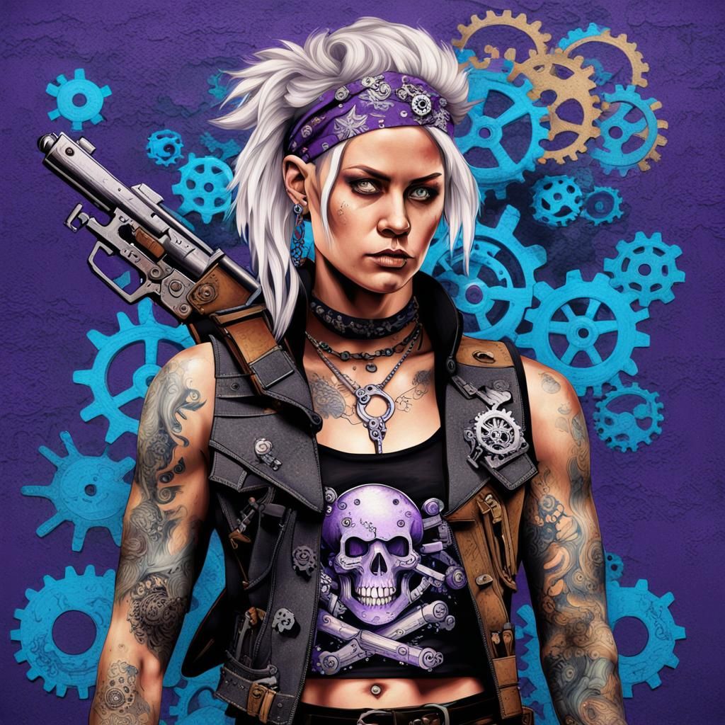 Steampunk Pirate Warrior Woman with Vibrant Tattoos