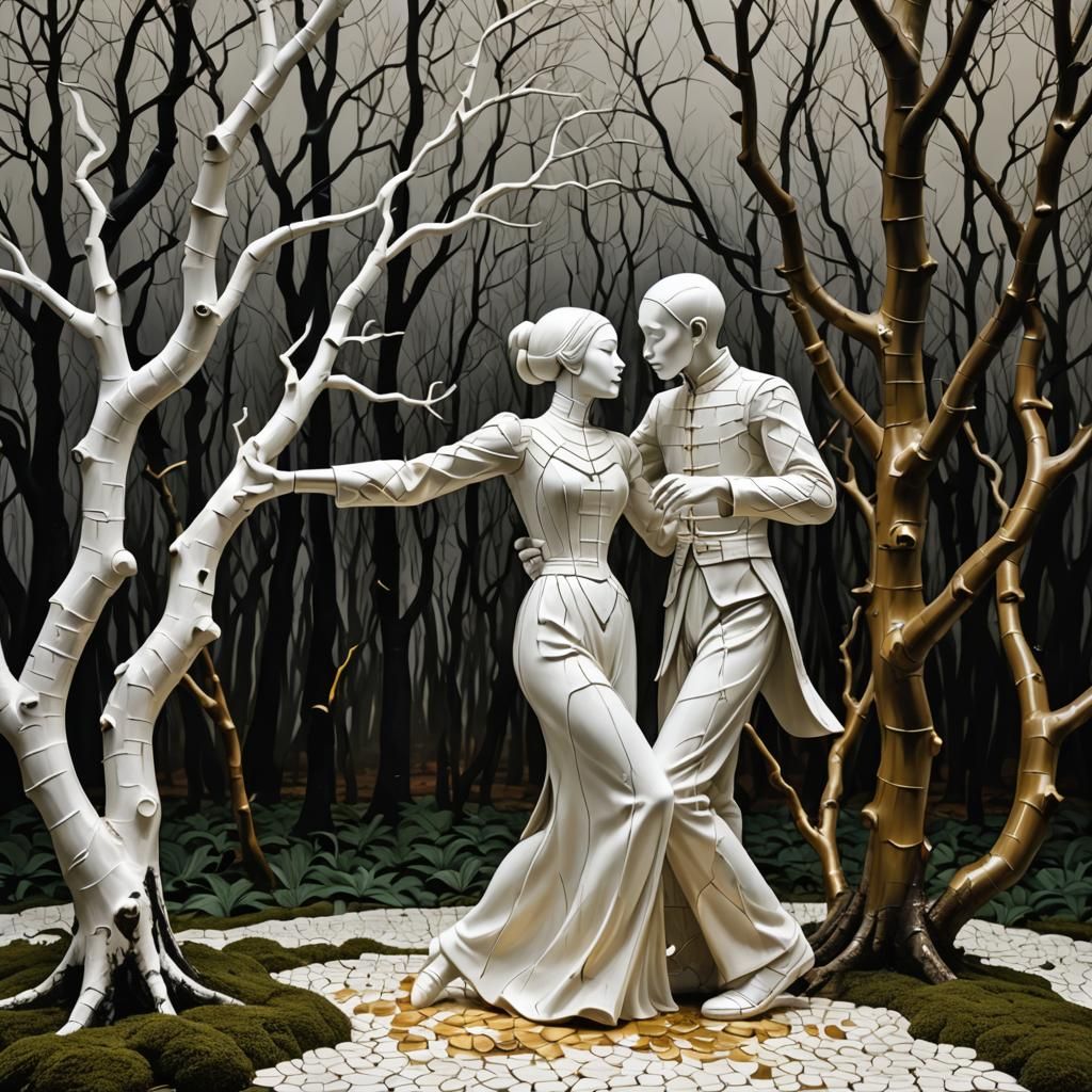 Porcelain Mime Statue in Ethereal Forest: Magic Realism