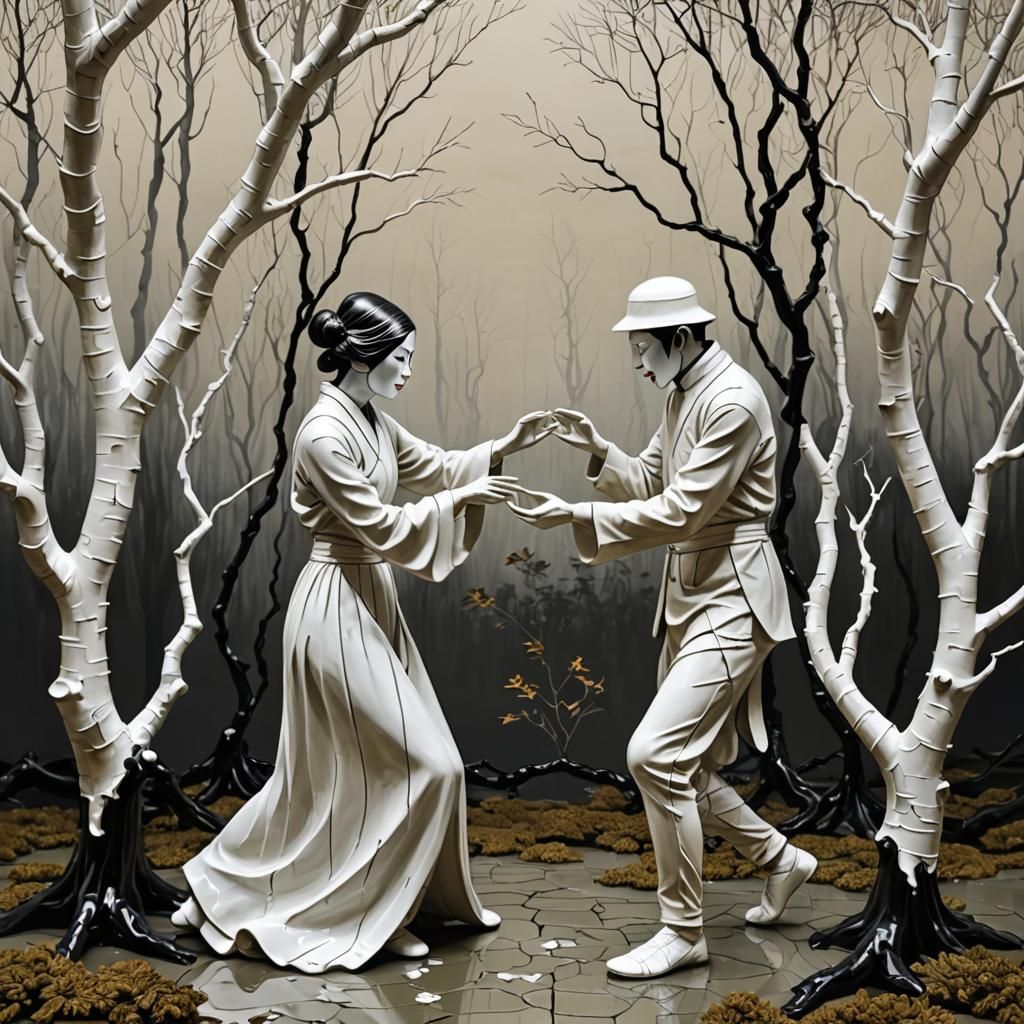 Porcelain Mime Dances in Ethereal Forest