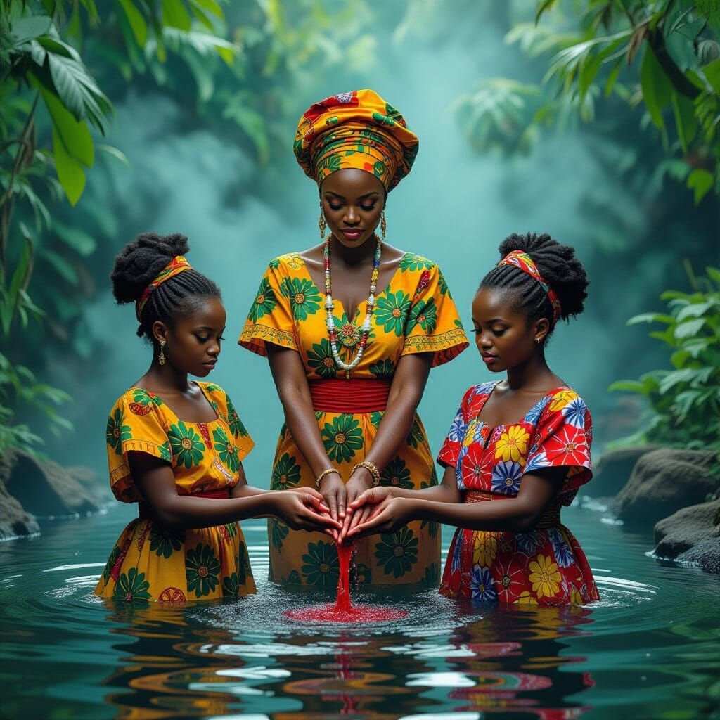 African Mother and Twins at Sacred Moon Pool