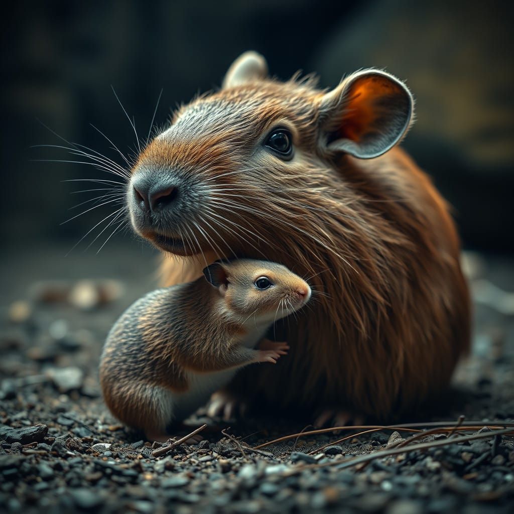 Capybara Cares for Tiny Hamster in Hyperrealistic Scene