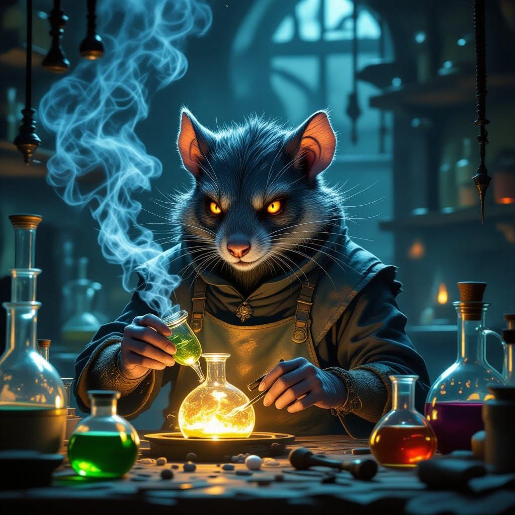 Dark Furred Ratfolk Alchemist in Cluttered Lab