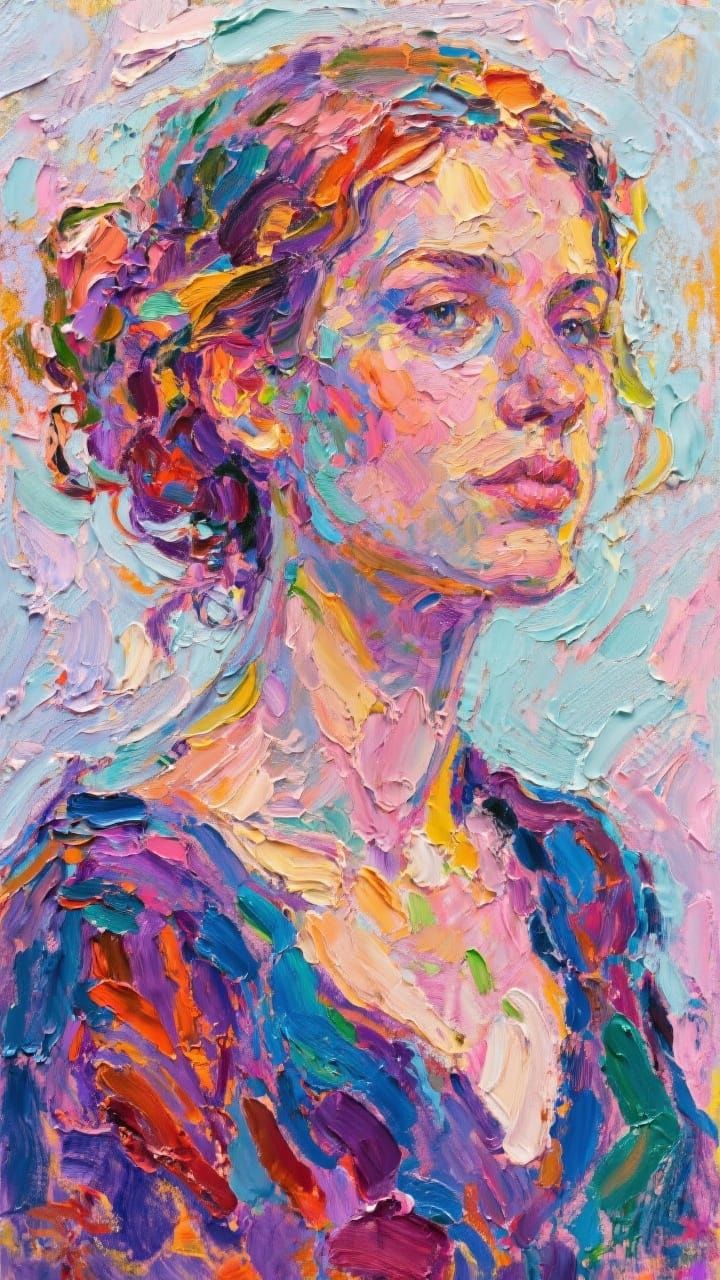 Beautiful Woman: Vibrant Oil Painting with Palette Knife Str...
