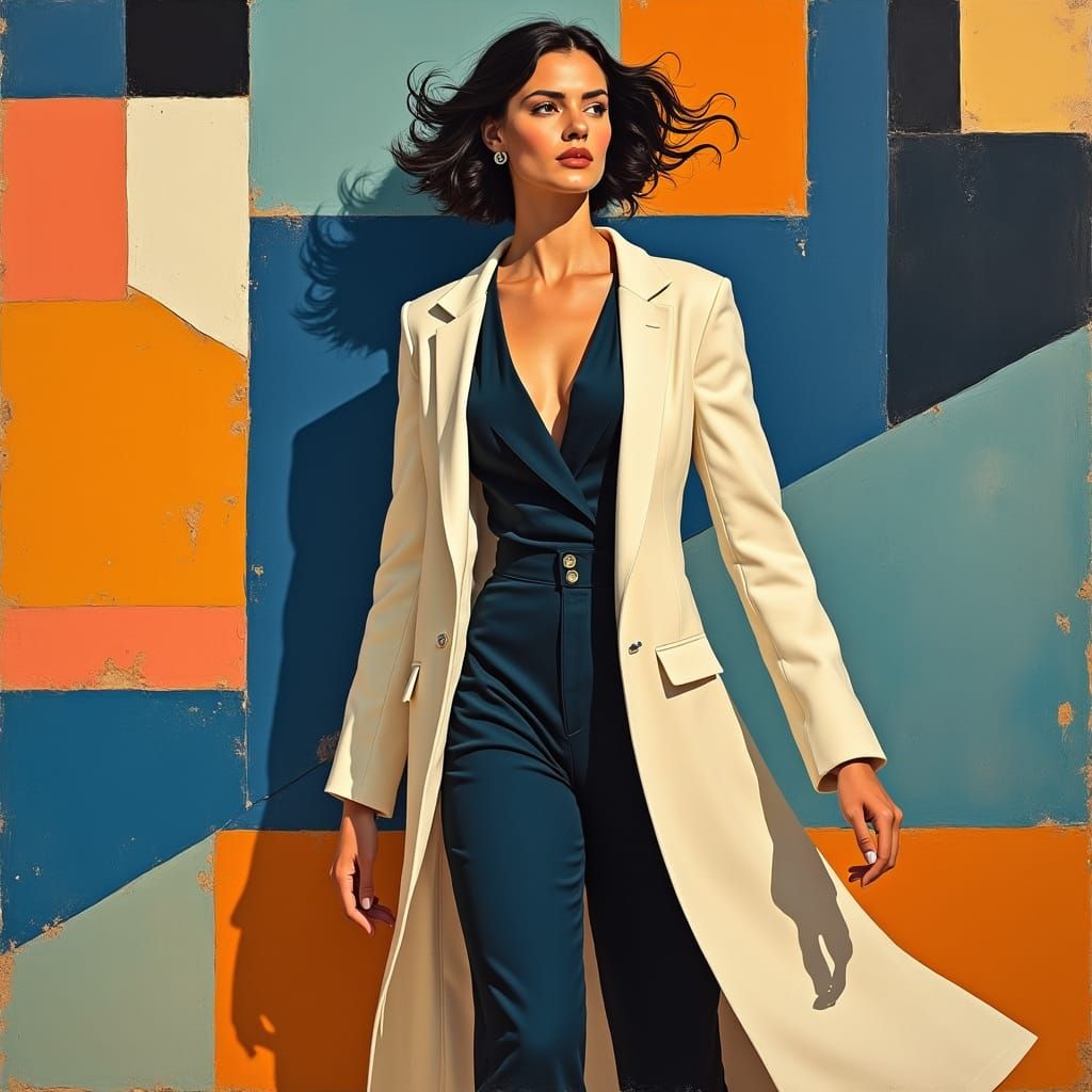 Confident Woman in Cubist Style Outfit
