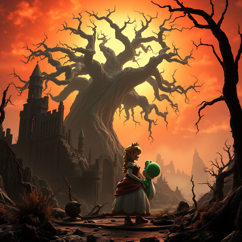 Princess Peach and Yoshi in Dark Fantasy World