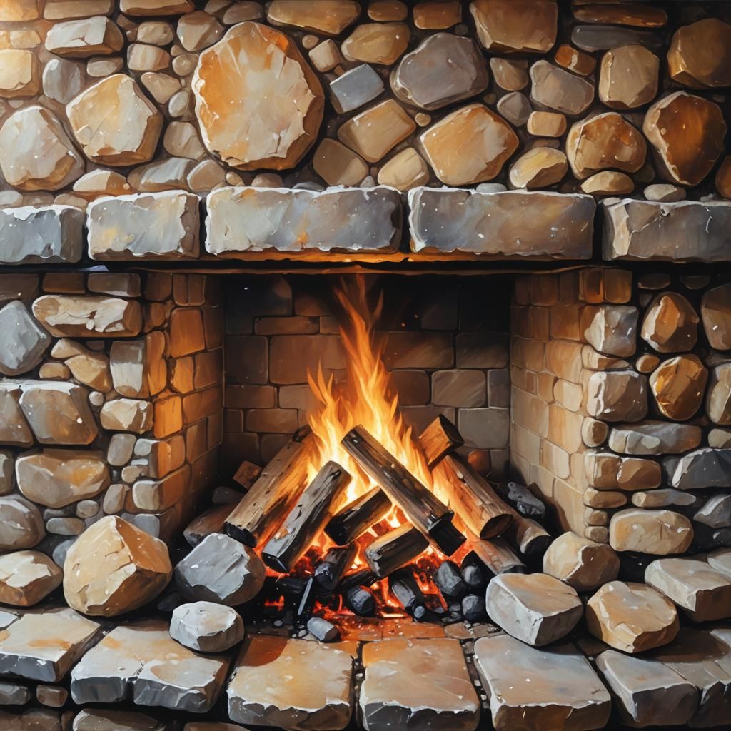 Crackling Fireplace in Impressionist Oil Painting