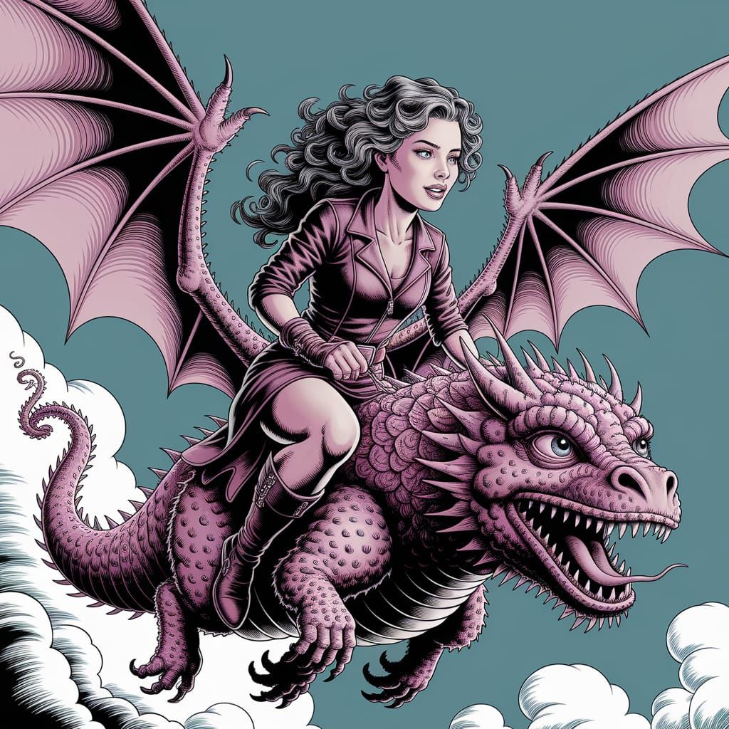 Adventurer Maiden Rides Flying Plant Dragon as Biopunk Art