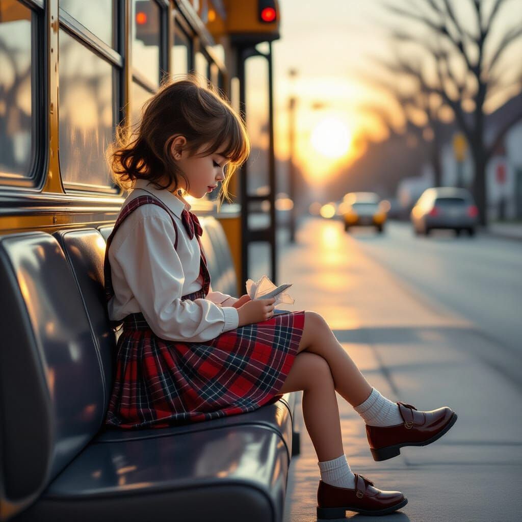 Girl on School Bus in Golden Hour Light