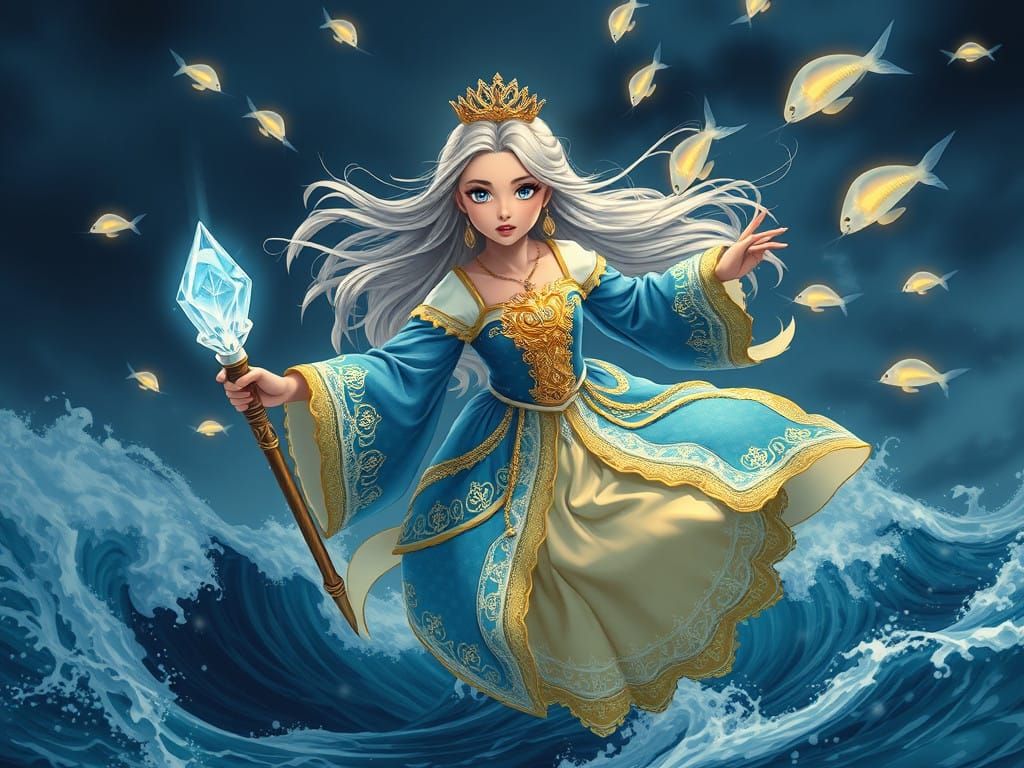 Sea Goddess with Radiant Aquatic Aura in Vibrant Comic Book...