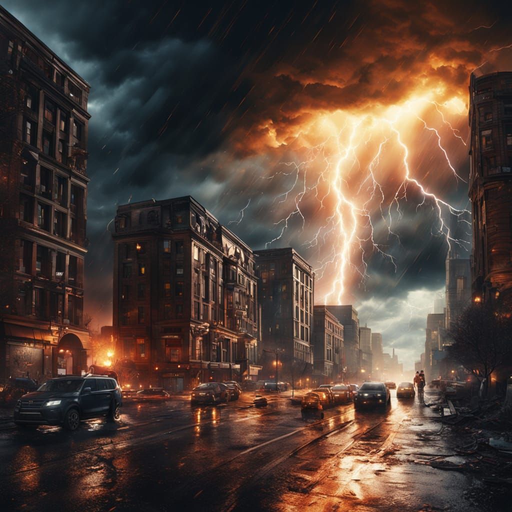 Epic City Under Stormy, Sunny Sky With God Rays