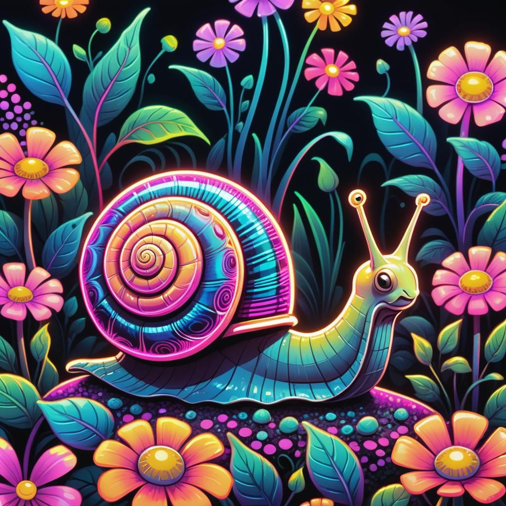 Synthwave Snail in Neon Flower Garden