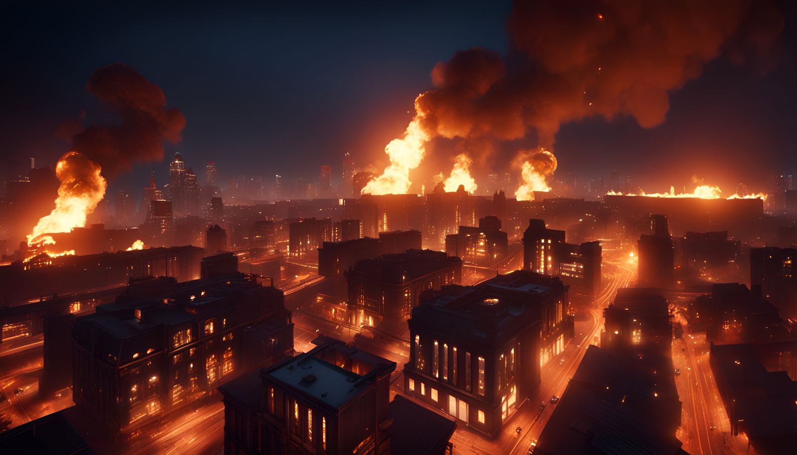 Burning City at Night with 3D Game Cinematic Feel