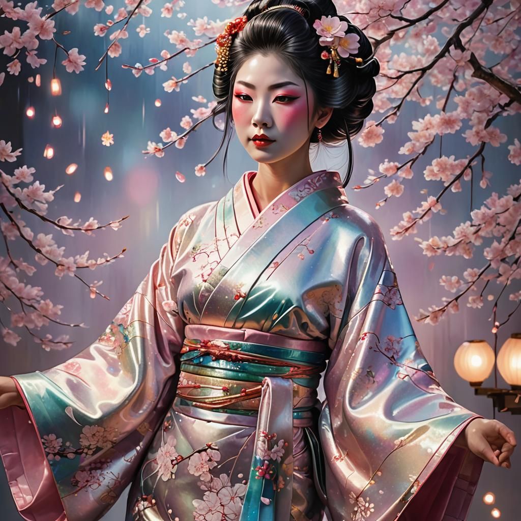Geisha in Cherry Blossom Kimono: Hyperrealistic Splash Art