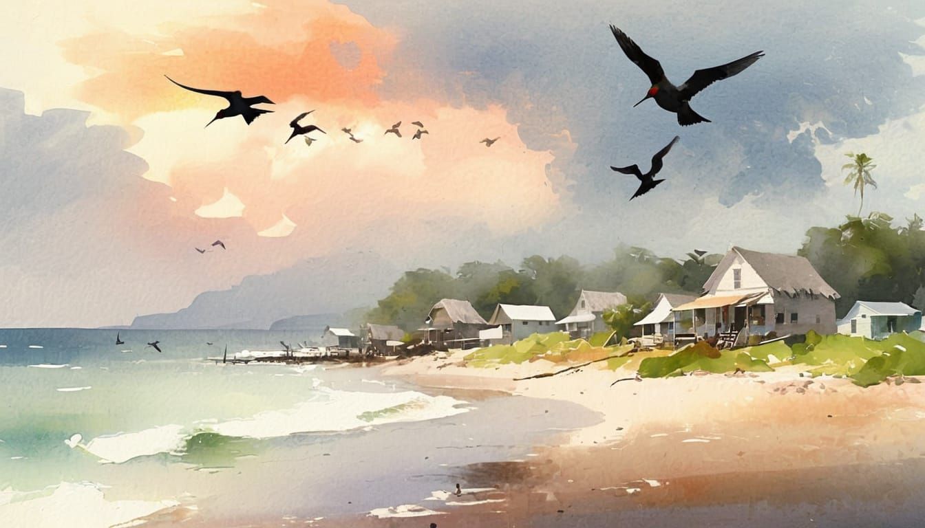 Beach Village in Watercolor Style with Birds