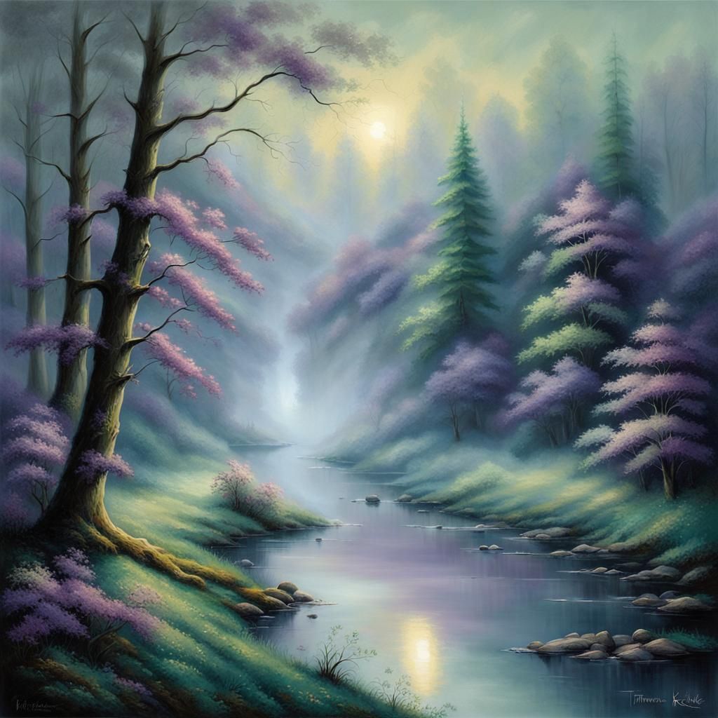 Ethereal Forest Lake Shrouded in Mysterious Shadows