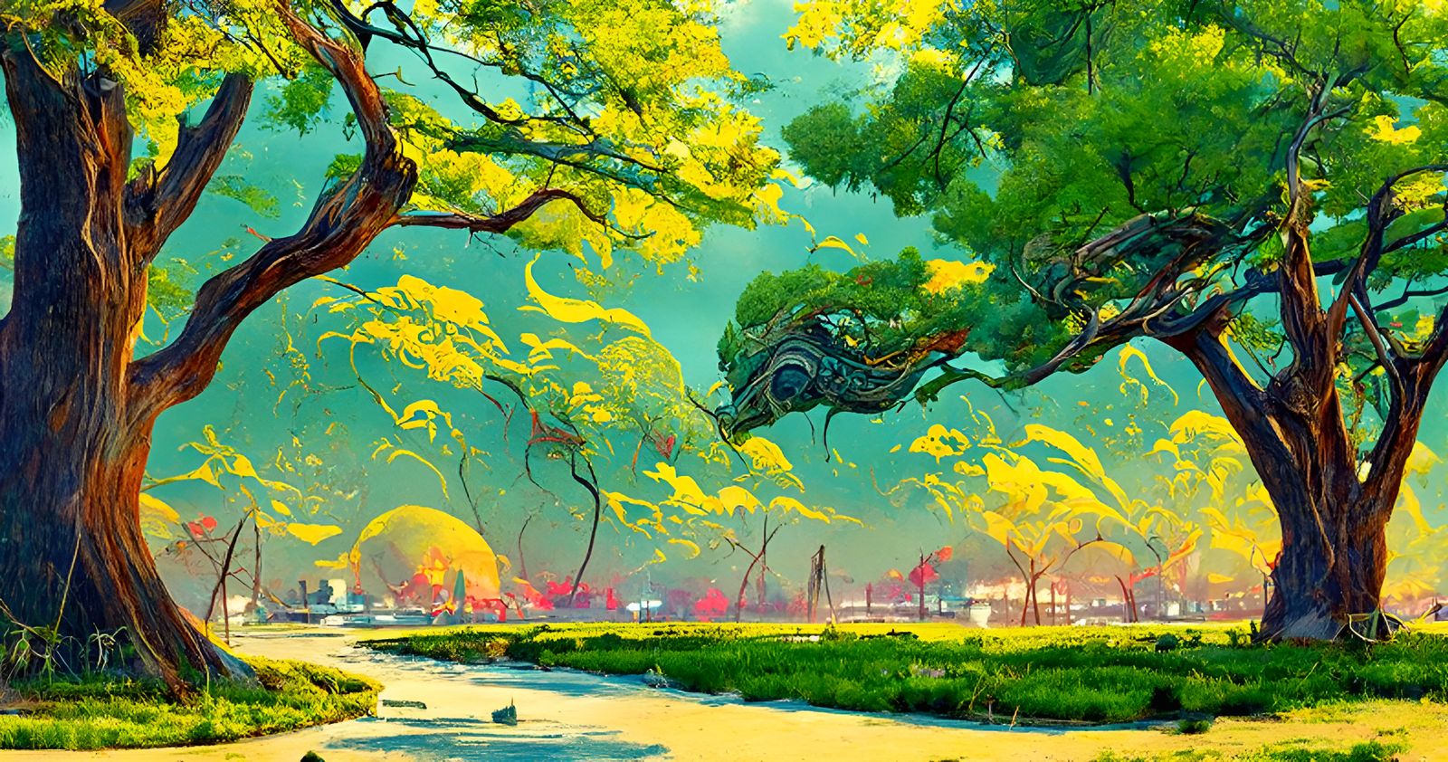 Autumn Oak Tree Watercolor Landscape