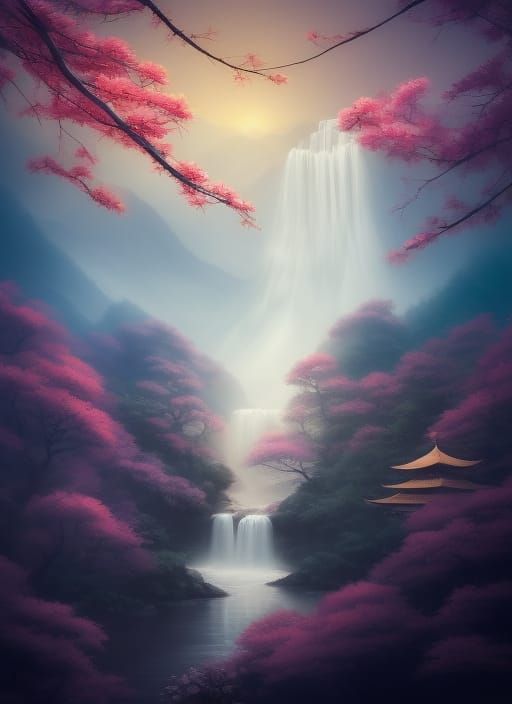 Astral Zen Garden with Cherry Blossoms and Waterfalls
