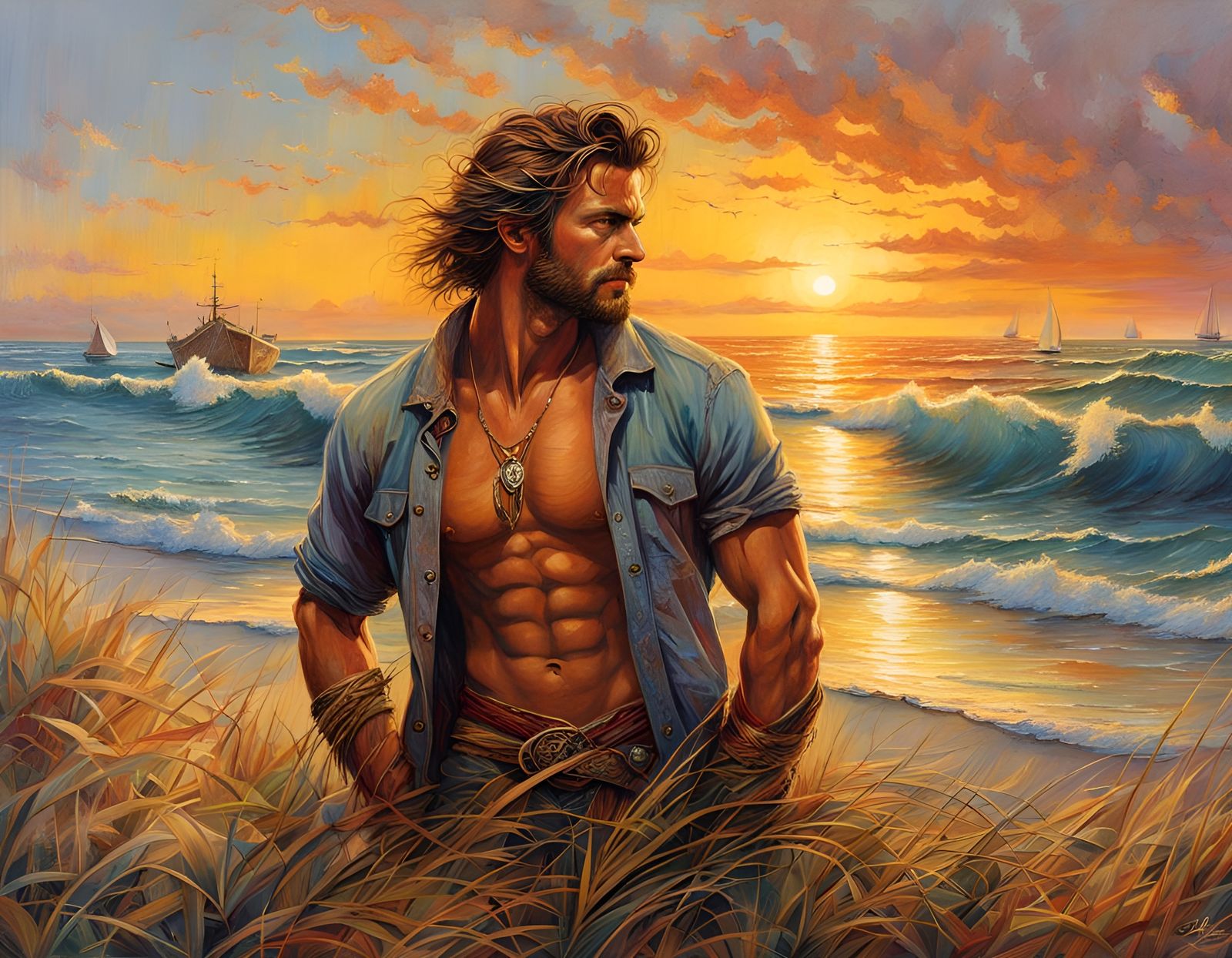 Brawny Surfer at Sunset Beach: Color-Corrected Art