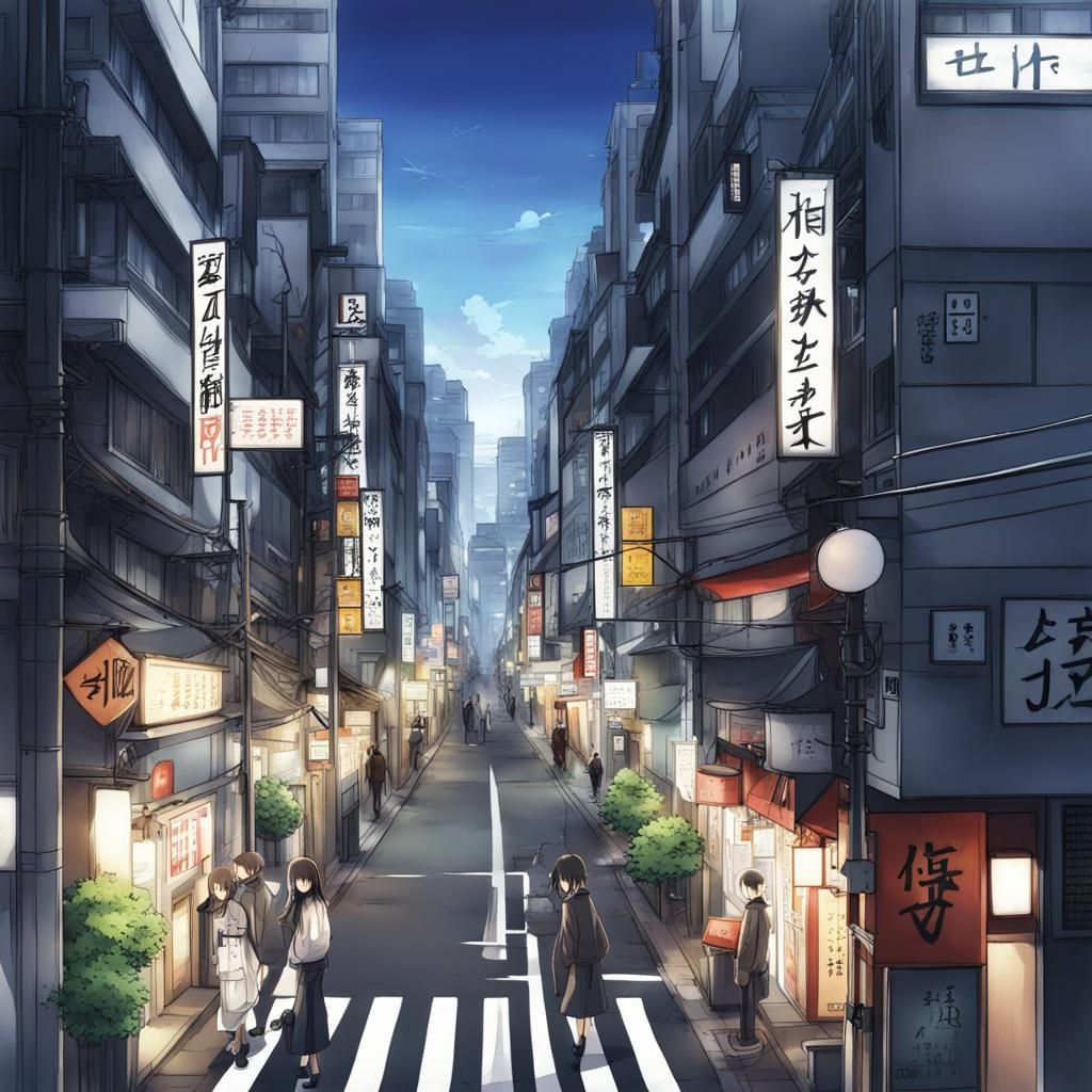 Vibrant Urban Japanese City in Anime Style