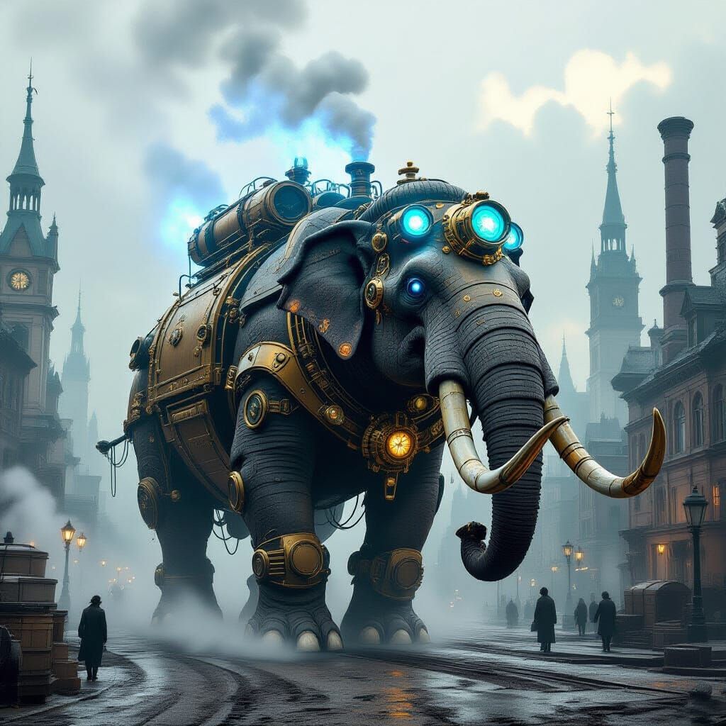 Steampunk Mastodon in Victorian Cityscape