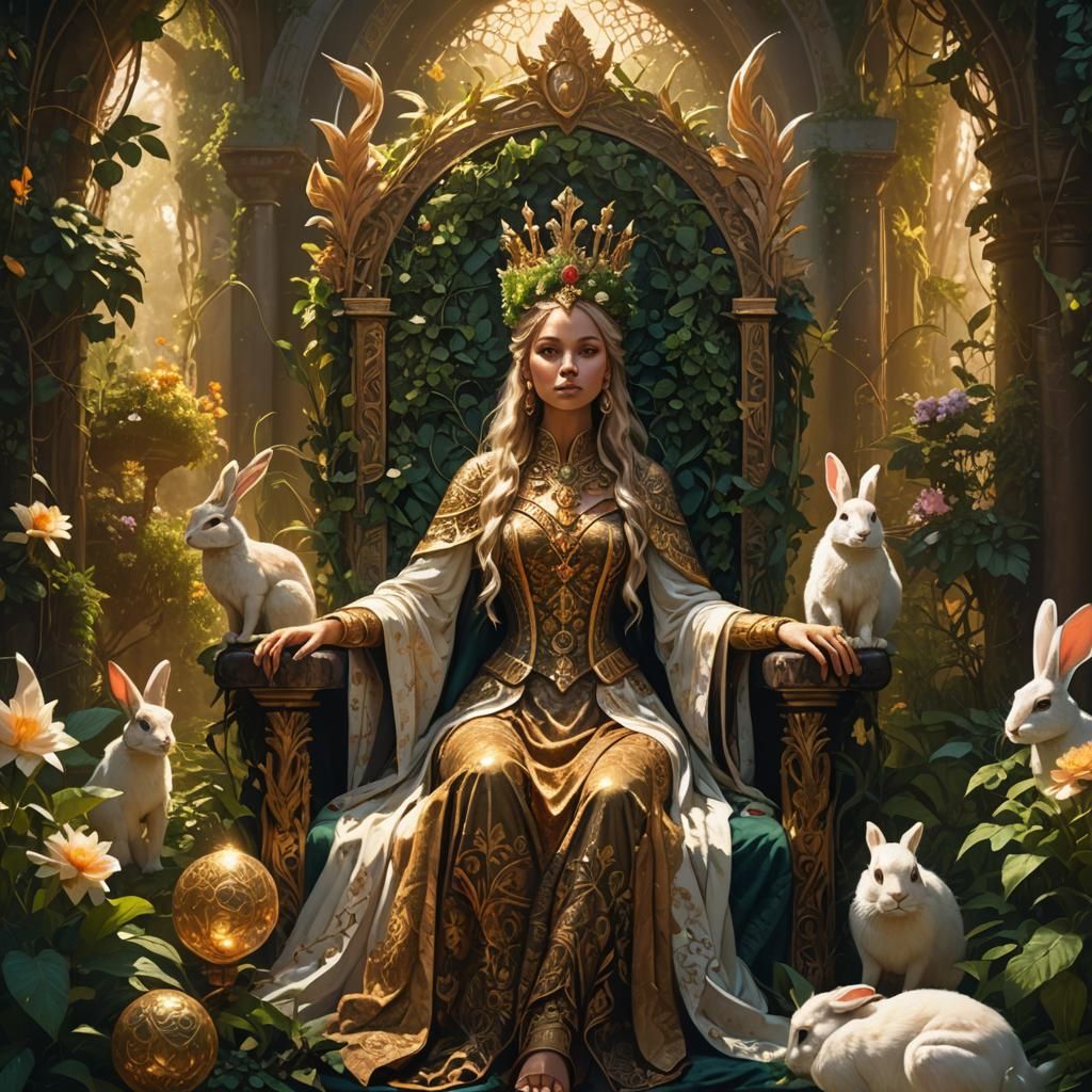 Regal Rabbit Queen on Throne in Fantasy Art
