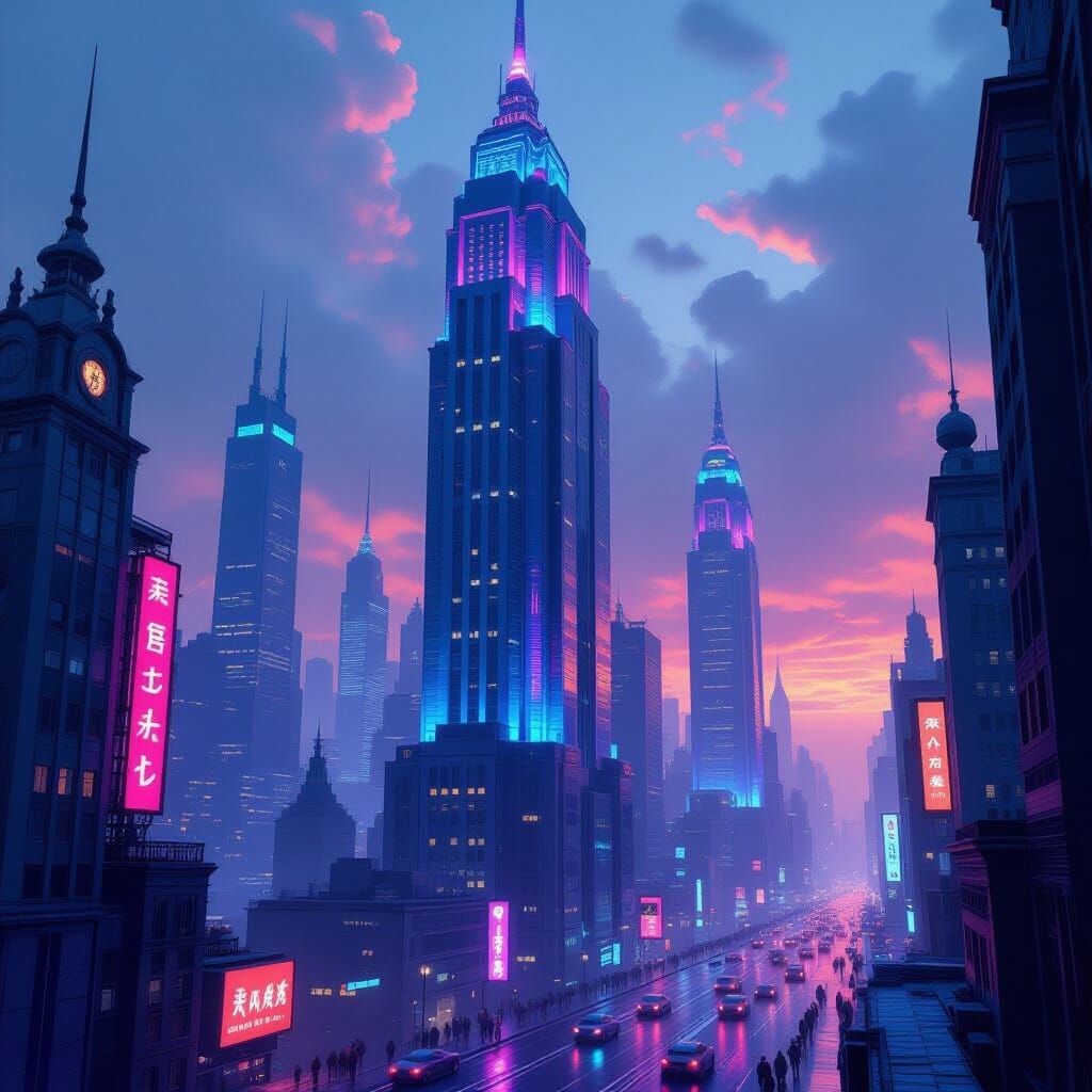Art Deco Skyscrapers in Smoggy Sky with Cyberpunk City