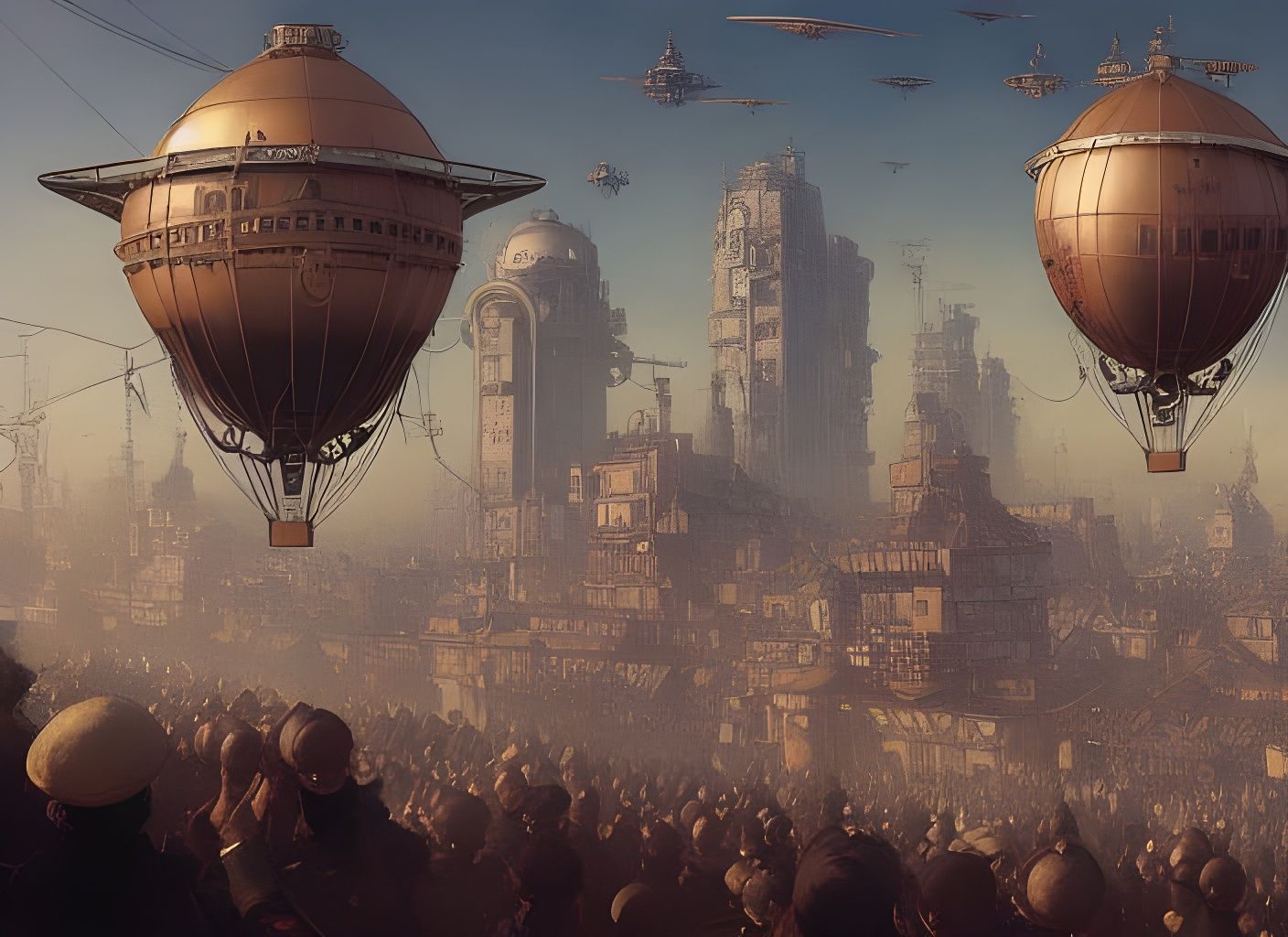 Steampunk Airship Parade Above Busy City