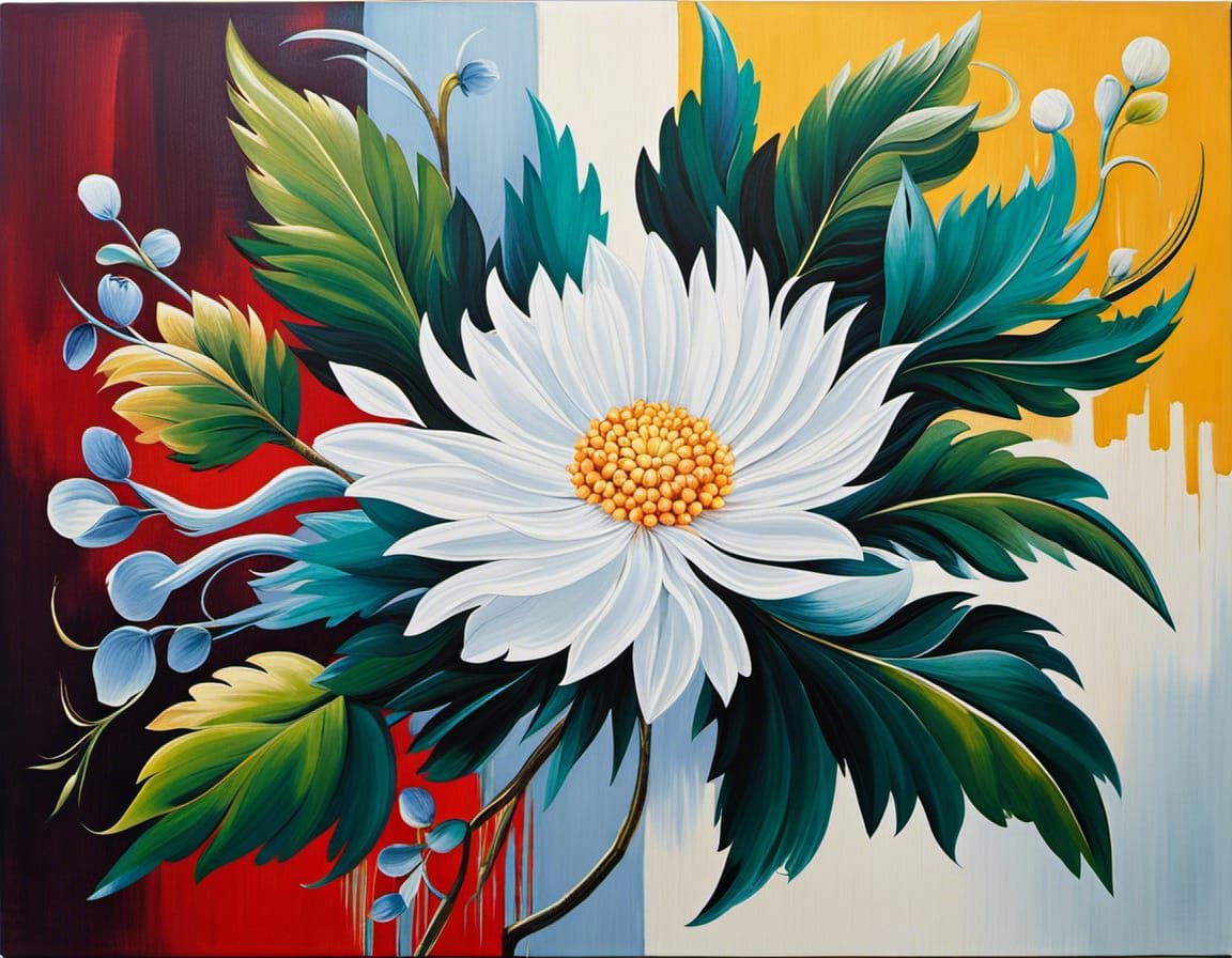 Vibrant White Chrysanthemum in Heavy Impasto Oil Painting