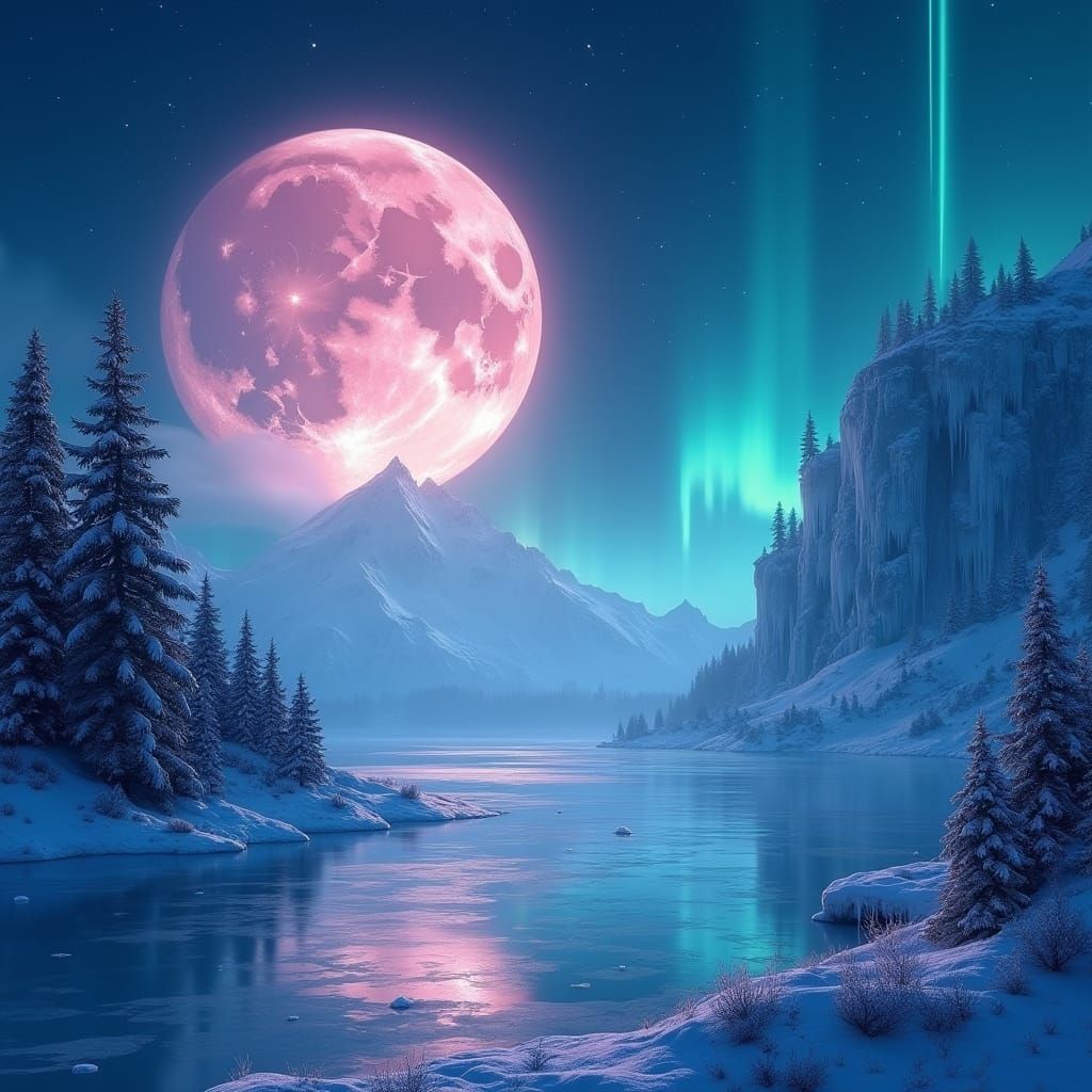 Glowing Pink and Turquoise Moon Over Winter Landscape