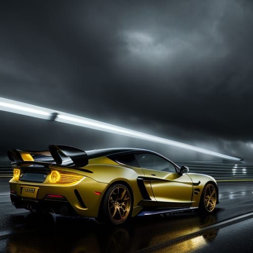 Sleek Super Car Speeds Down Wet Road Amidst Dramatic Yellow ...