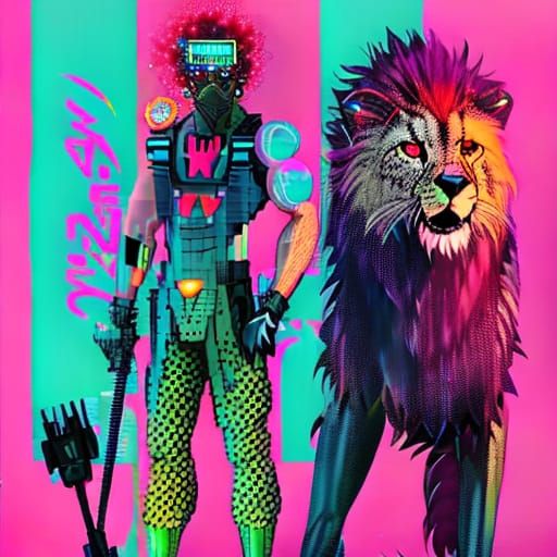 Cyberpunk Cheetah and Lion: Futuristic Neon Scene