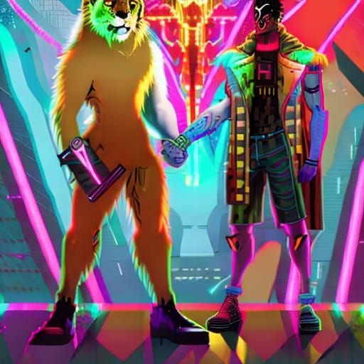 Cheetah and Lion Embrace in Cyberpunk Style