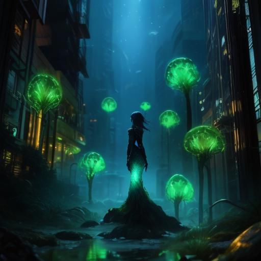Biopunk Cityscape with Cyborg Mermaids: Hyperrealistic Photo...