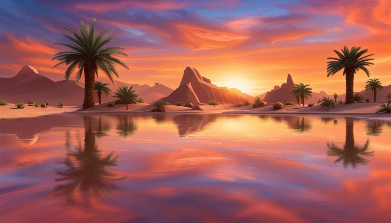 Enchanting Desert Sunset Reflecting in Oasis