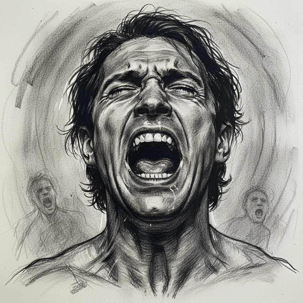 Detailed Charcoal Drawing of a Screaming Man