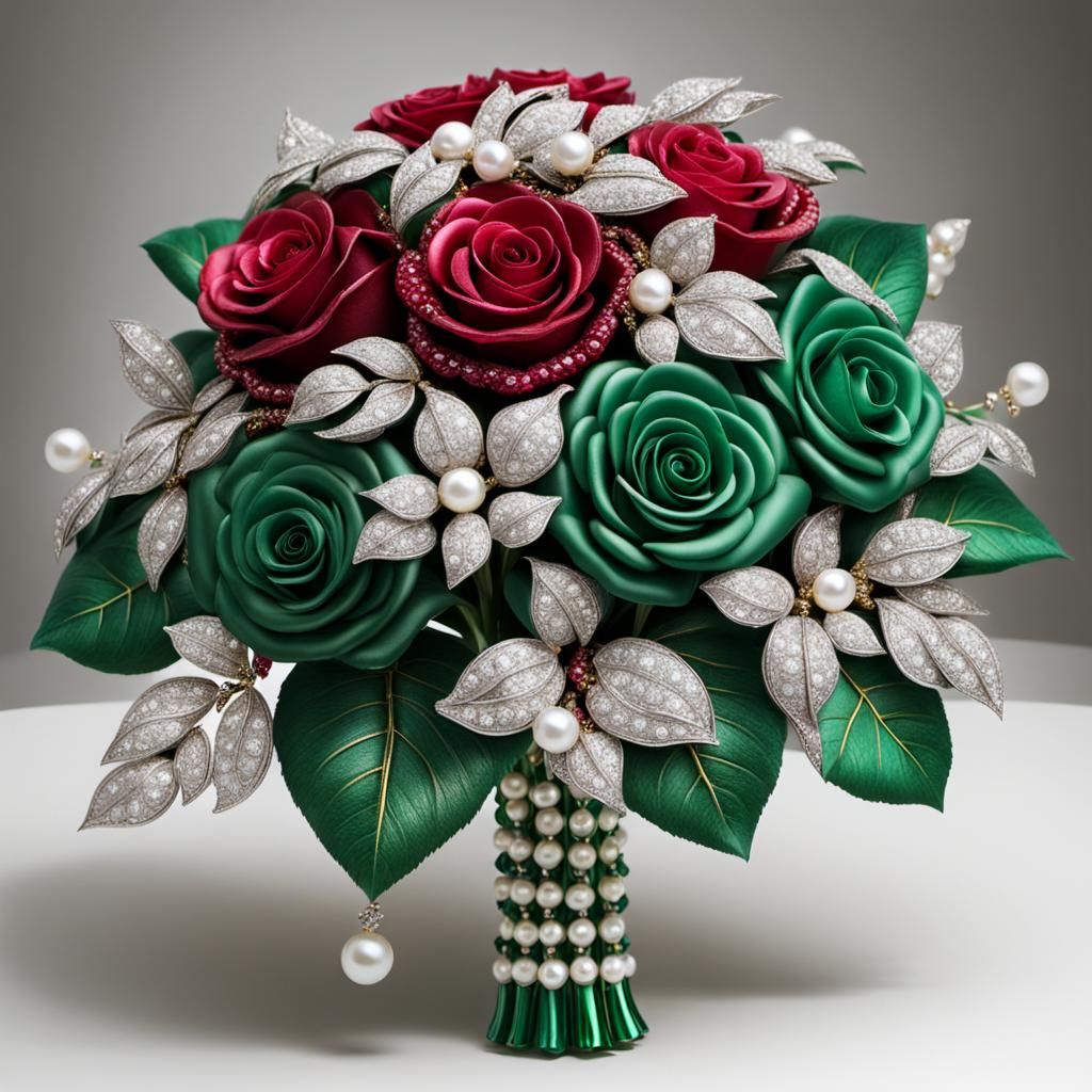 Baroque Ruby Roses and Emerald Leaves Bouquet