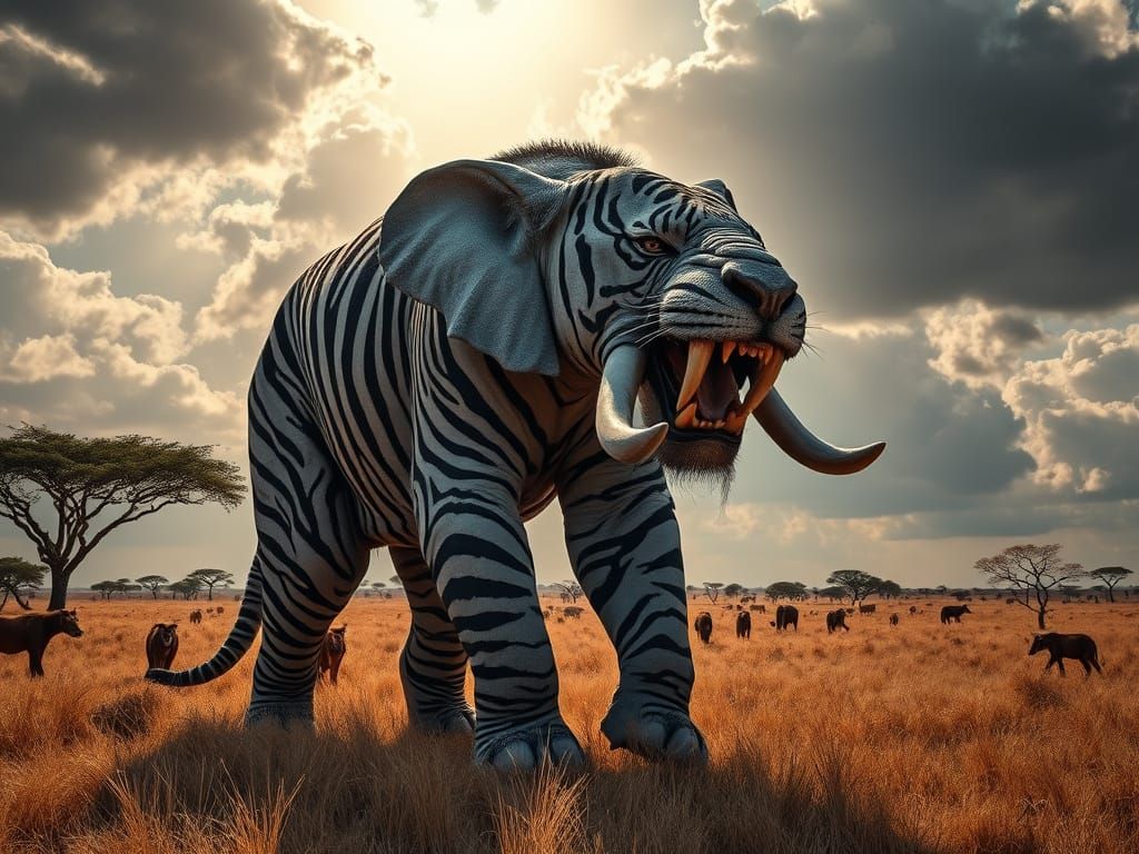 Cyberpunk Tiger-Elephant-Zebra in Sun-Drenched Savannah