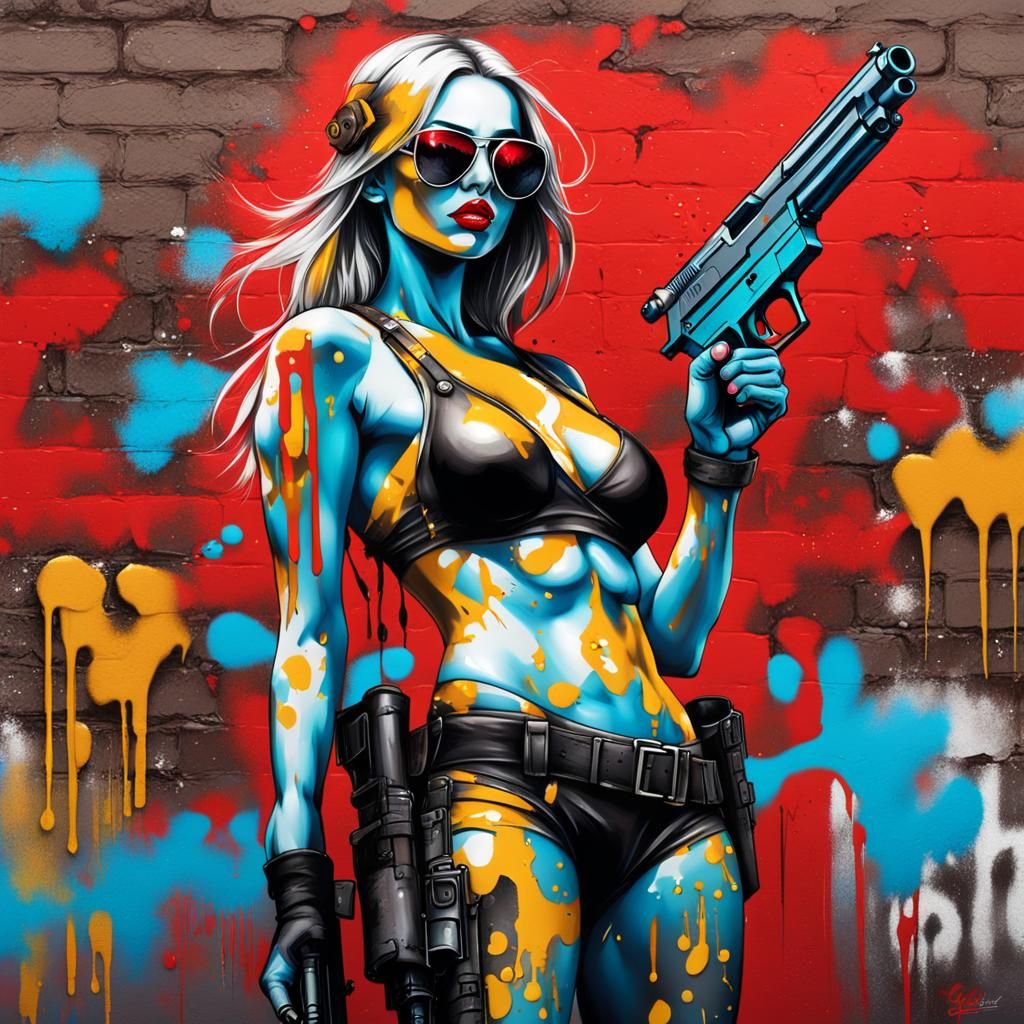 Bikini Warrior on Battlefield in Graffiti Style
