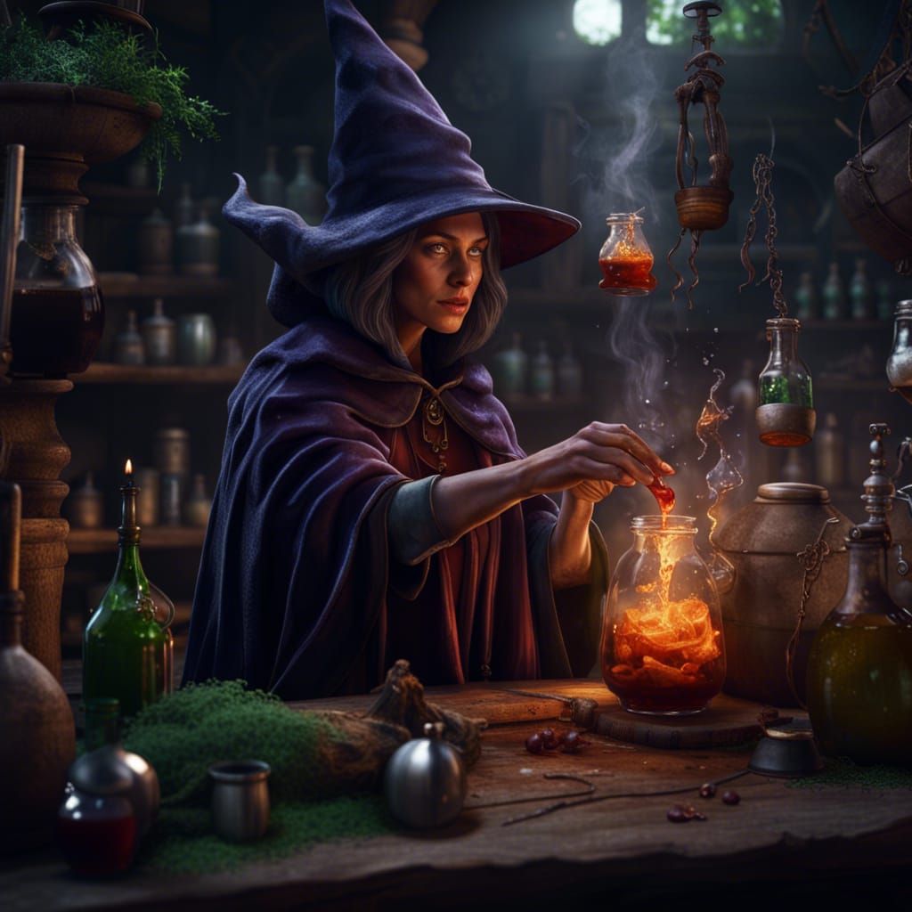 Realistic Witch Brewing Potions in Detailed Matte Painting