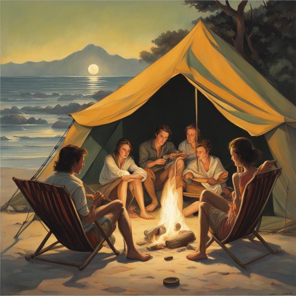 Beach Camping Scene in Cel-Shaded Ink Drawing