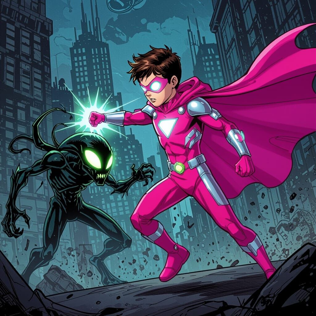 Superhero Boy in Pink Costume Fighting Alien