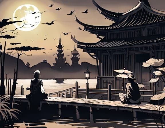 Moonlit Fishing at Pagoda Dock: Surrealist Illustration