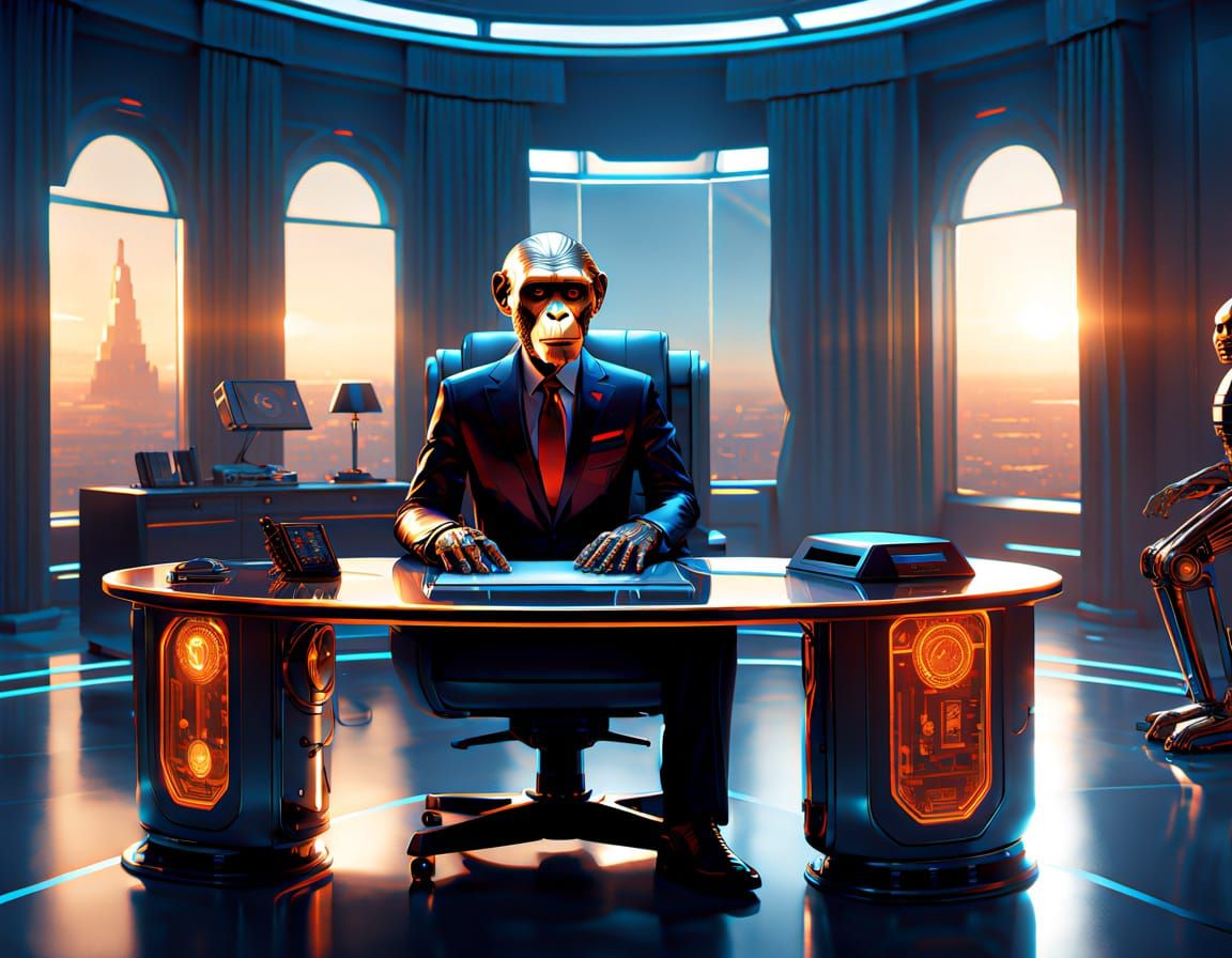 Robot Australopithecus in Futuristic Oval Office