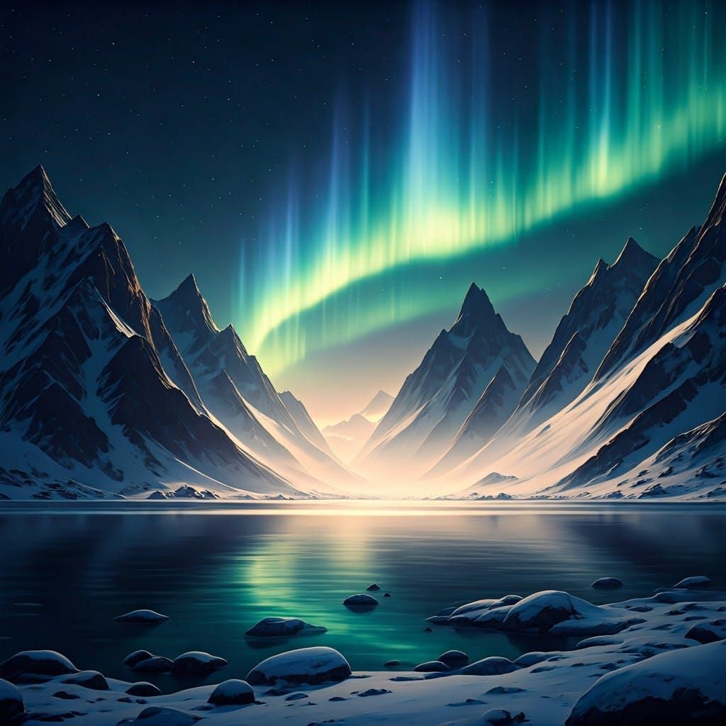 Aurora Borealis Reflected on Mountain Lake: 3D Render