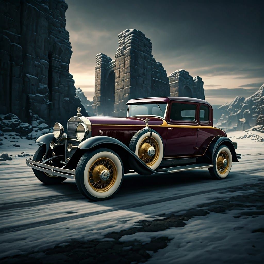 1929 Roadster Amidst Ancient Ruins in Burgundy-Gold Splendor