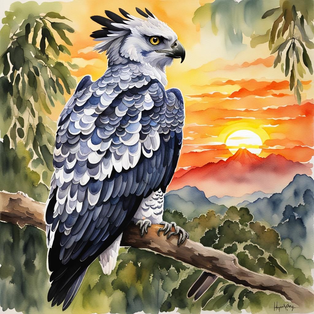 Harpy Eagle Soaring at Sunset: Watercolor Art